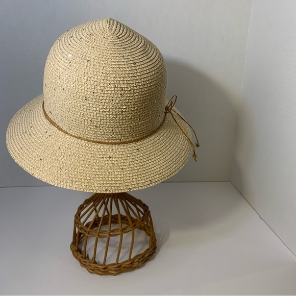 Tan Paper Bucket Hat with Silver Sequins One Size - Picture 4 of 7